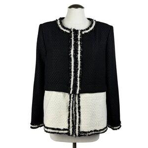 Alice + Olivia Women's Kidman Tweed Jacket Black White Fringe Trim Cropped XL